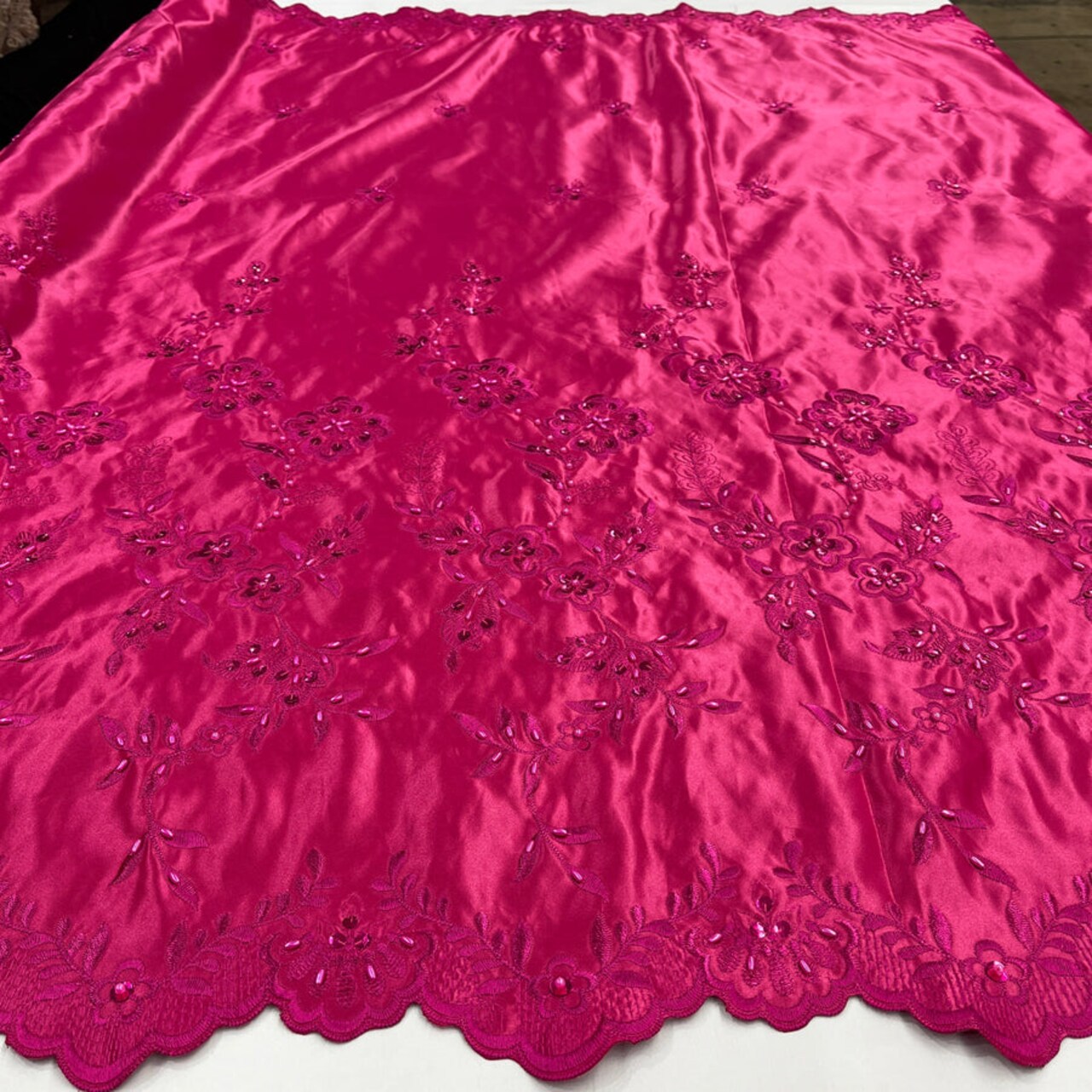 1 Yard - Beaded Bridal Lace Fabric Embroidered on 100% Polyester Satin - Ivory with Gold - 54" | Lace USA - 30108S-BP